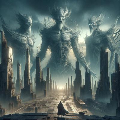 The primary subject of the image is a group of three large, ghostly figures standing in front of a cityscape. The figures are positioned in a way that they appear to be looking at the viewer. The setting is a futuristic city with tall buildings and a bridge. The visual style of the image is digital art, giving it a surreal and eerie atmosphere. The dominant colors are dark and muted tones, which contribute to the overall mood of the scene.